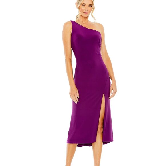 NWT MAC DUGGAL ONE SHOULDER COWL BACK JERSEY MIDI DRESS SZ S PURPLE - Picture 1 of 4